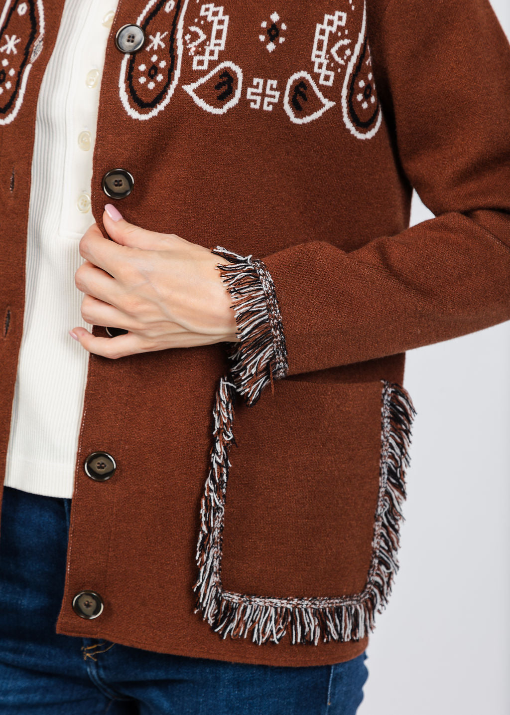 Elliott Lauren Bandana Jacket With Fringe in Chocolate available at Barbara Katz