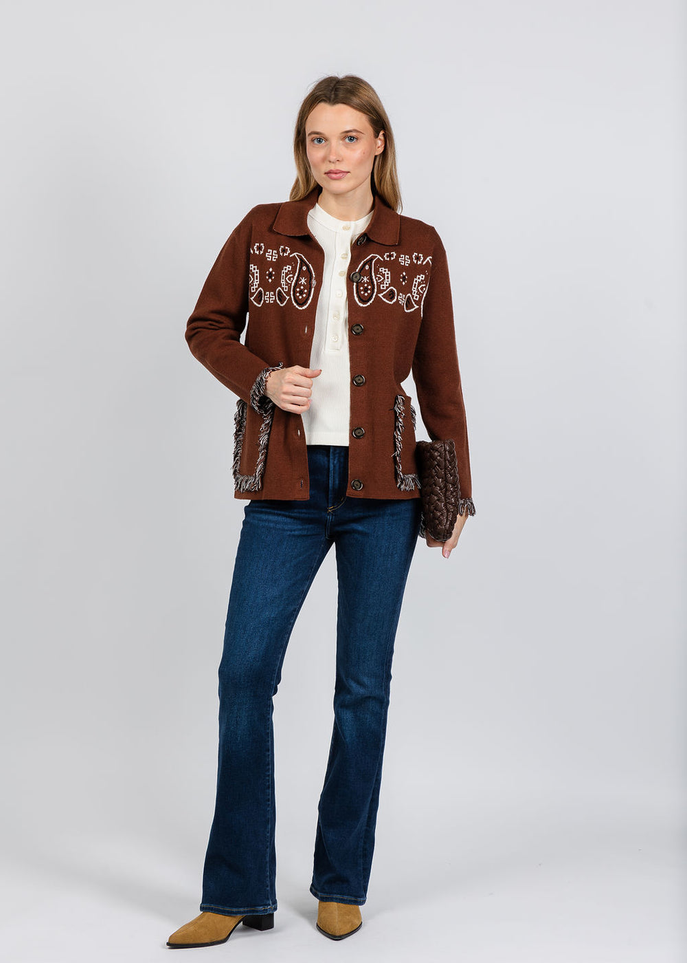 Elliott Lauren Bandana Jacket With Fringe in Chocolate available at Barbara Katz