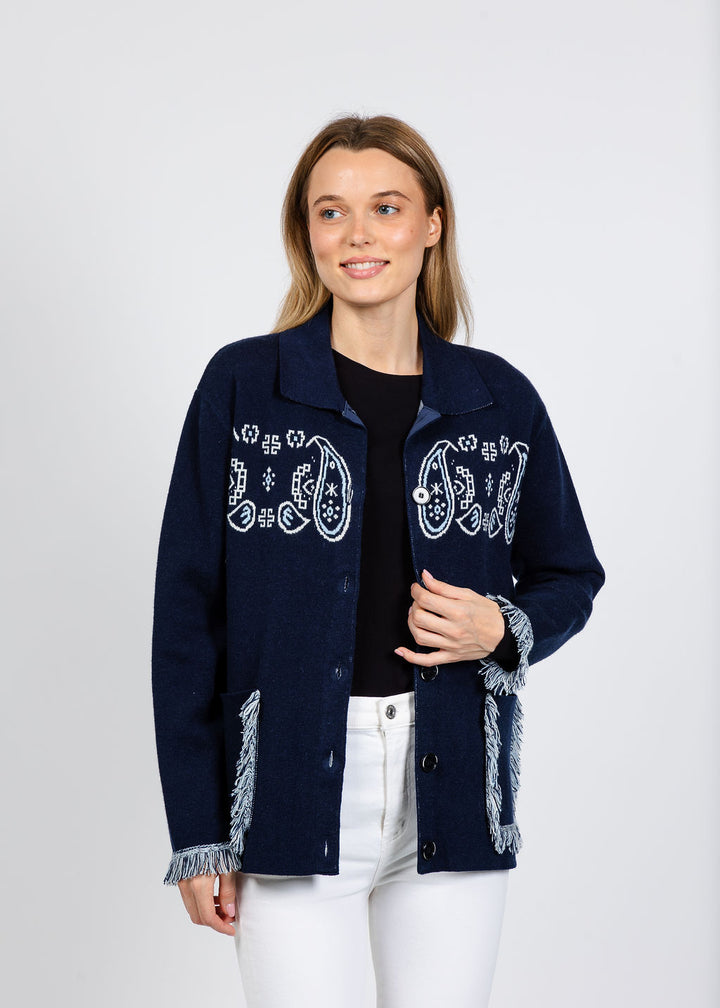 Elliott Lauren Bandana Jacket With Fringe in Navy available at Barbara Katz