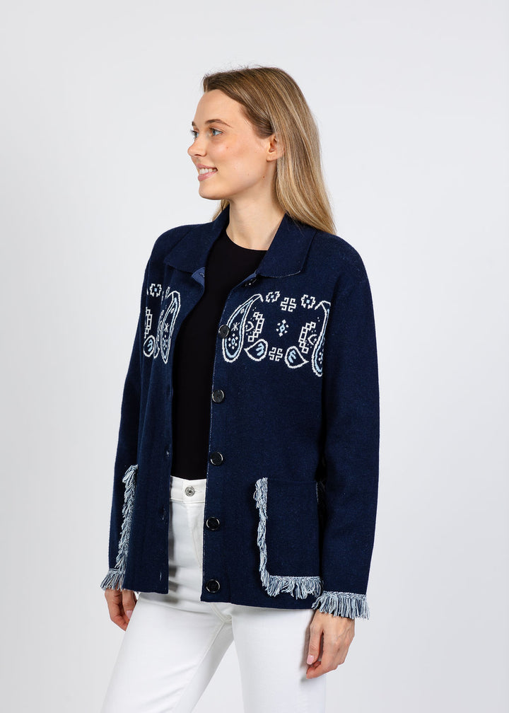 Elliott Lauren Bandana Jacket With Fringe in Navy available at Barbara Katz