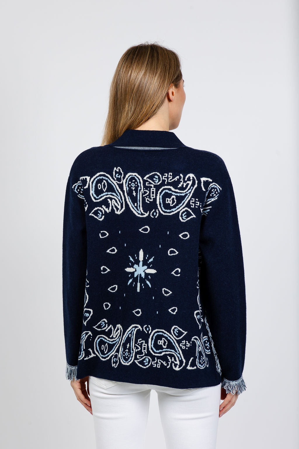 Elliott Lauren Bandana Jacket With Fringe in Navy available at Barbara Katz