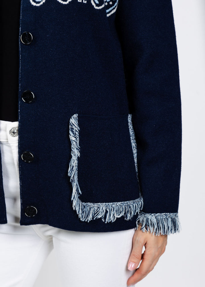 Elliott Lauren Bandana Jacket With Fringe in Navy available at Barbara Katz