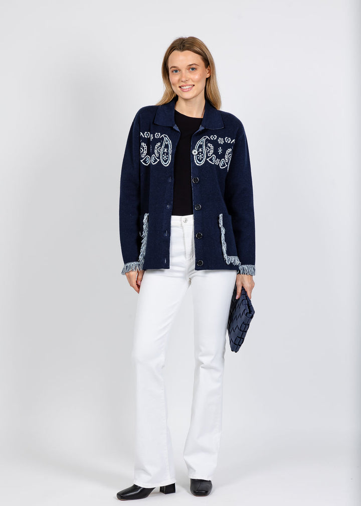 Elliott Lauren Bandana Jacket With Fringe in Navy available at Barbara Katz