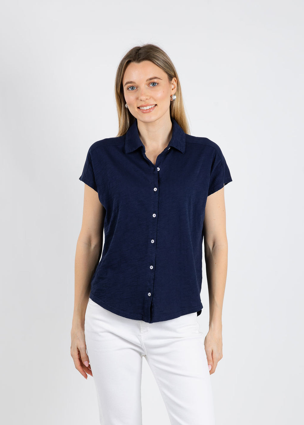 Elliott Lauren Bella Button Front Tee in Navy available at Barbara Katz