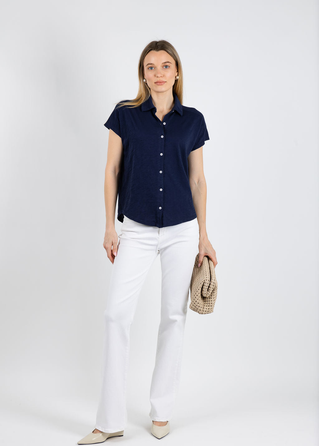 Elliott Lauren Bella Button Front Tee in Navy available at Barbara Katz