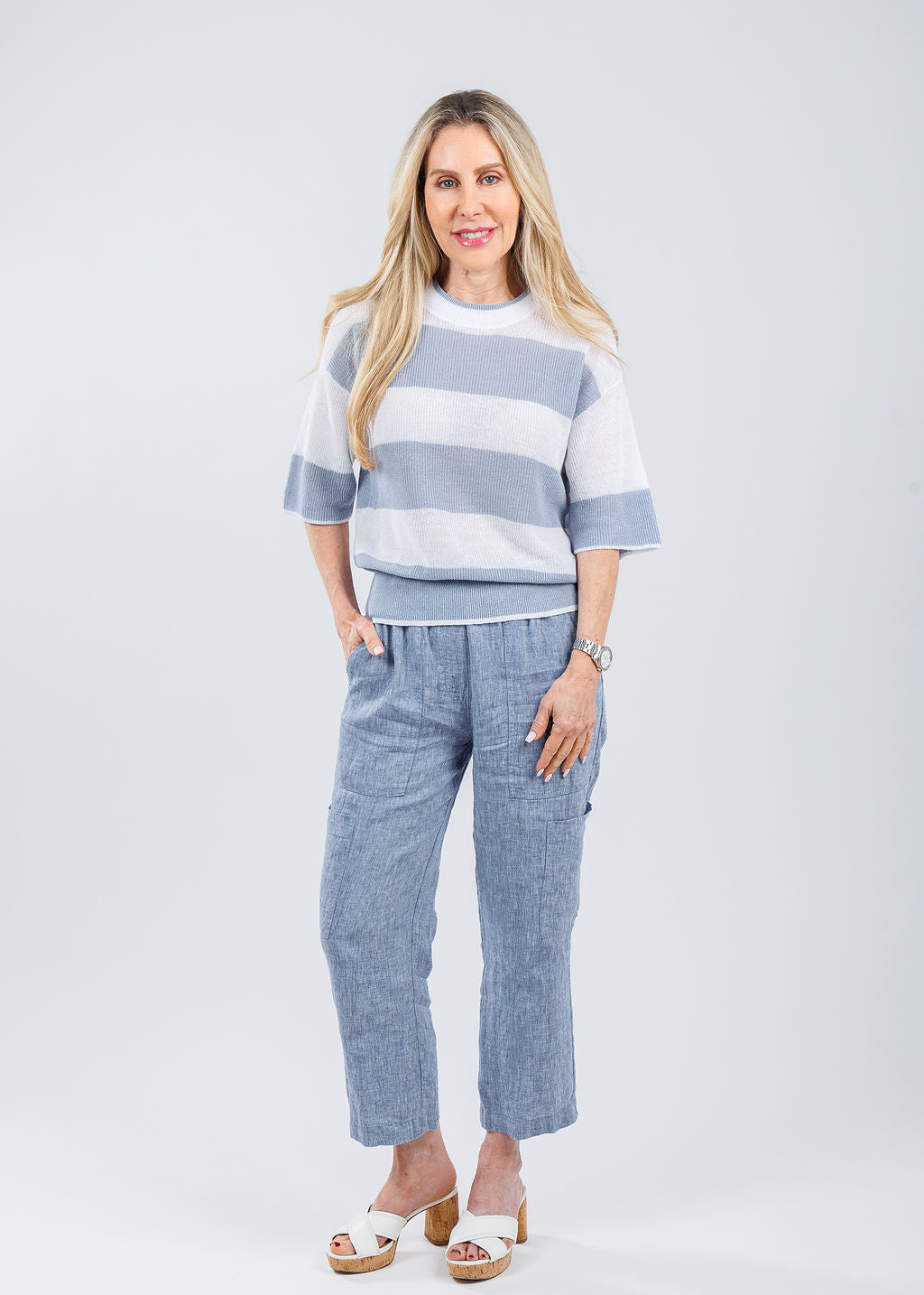 Elliott Lauren Bliss Rugby Stripe Sweater in Whisper Blue paired with Elliott Lauren Tonya Cargo Pants in French Blue available at Barbara Katz