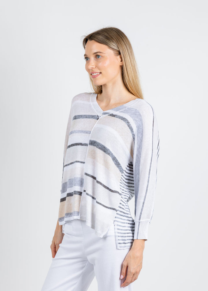 Elliott Lauren Blocked Off Printed Stripe V-Neck Top in Natural available at Barbara Katz