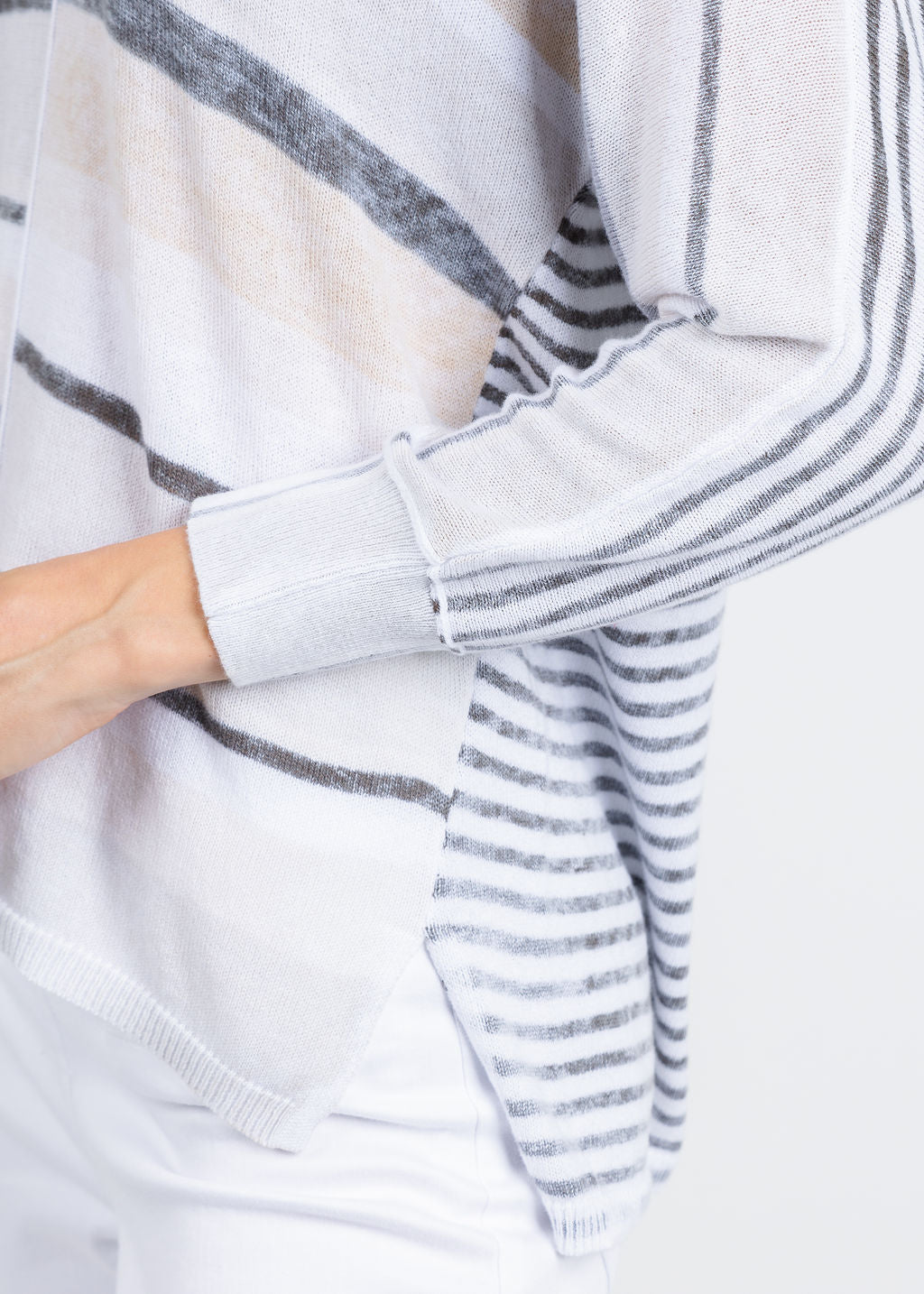 Elliott Lauren Blocked Off Printed Stripe V-Neck Top in Natural available at Barbara Katz
