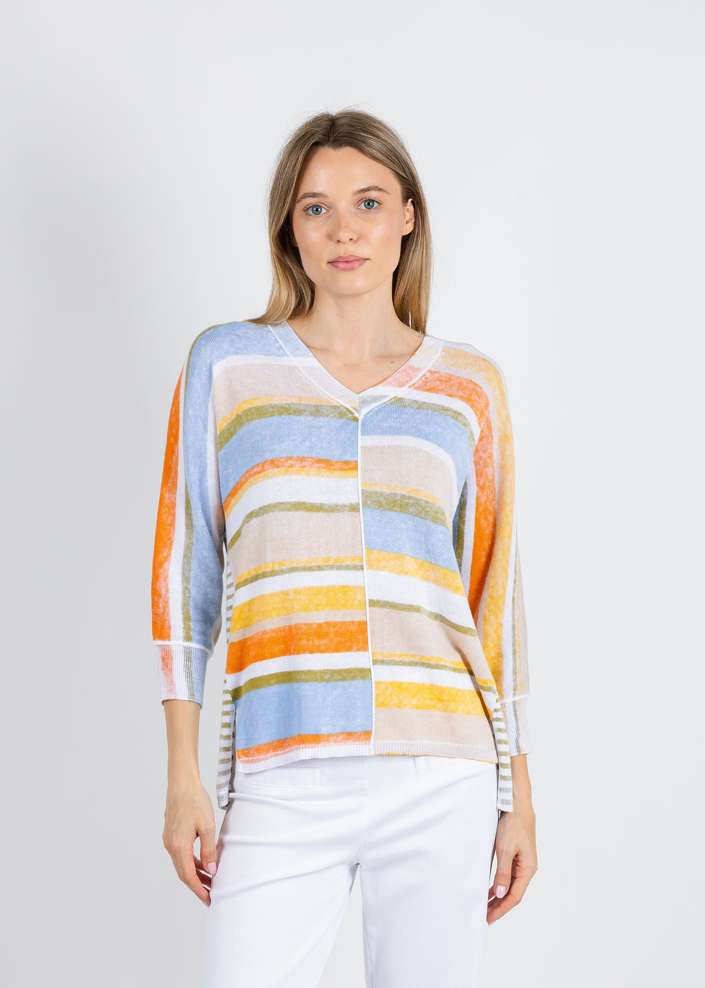 Elliott Lauren Blocked Off Printed Stripe V-Neck Top in Sage available at Barbara Katz