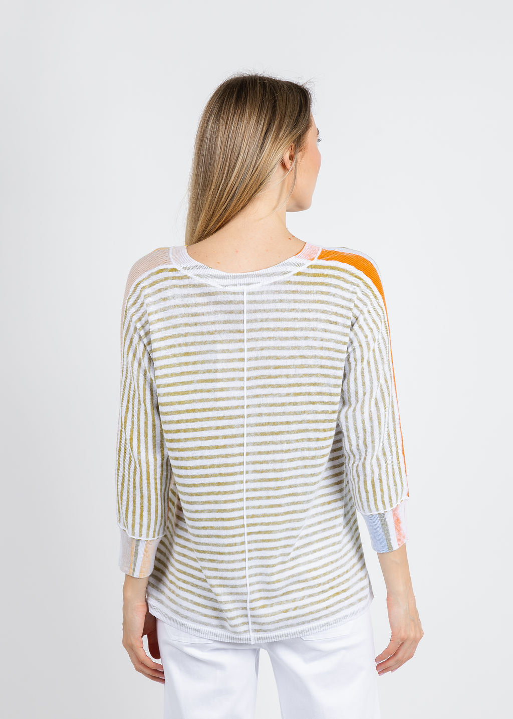Blocked Off Printed Stripe V-Neck Top - Sage