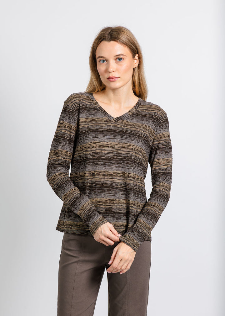 Elliott Lauren Blurred Lines V Neck Top in Brown available at Barbara Katz