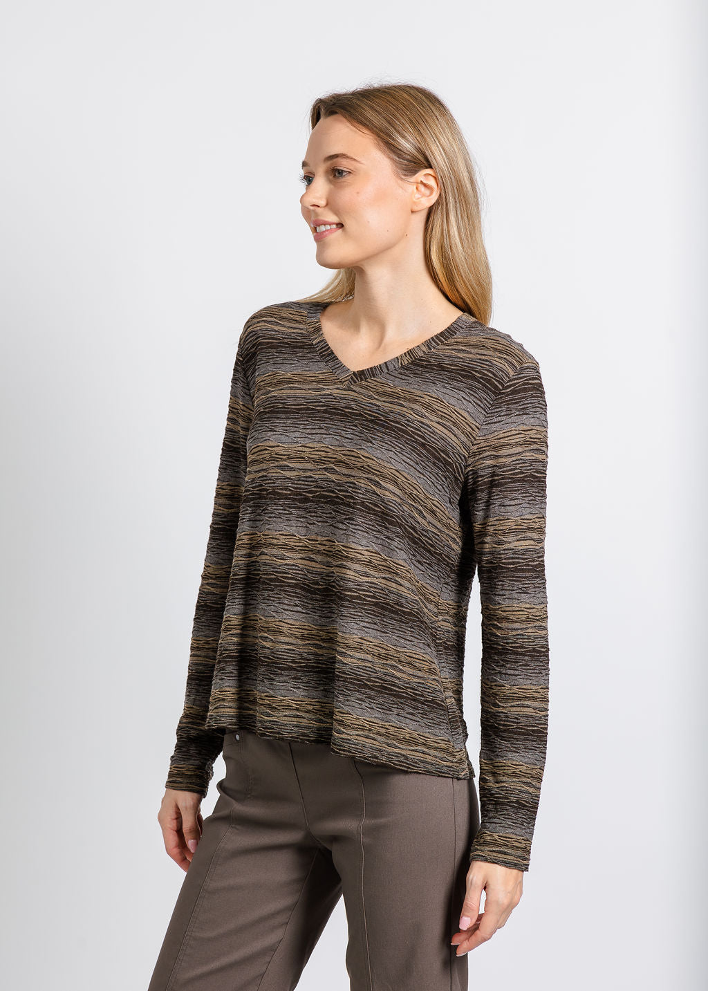 Elliott Lauren Blurred Lines V Neck Top in Brown available at Barbara Katz
