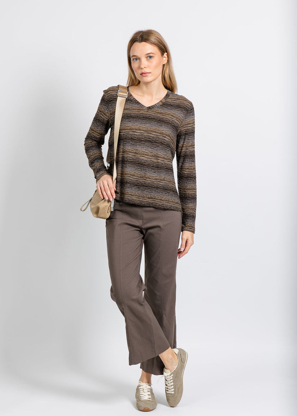 Elliott Lauren Blurred Lines V Neck Top in Brown paired with Control Stretch Wide Leg Pant With Grommet in Toast available at Barbara Katz