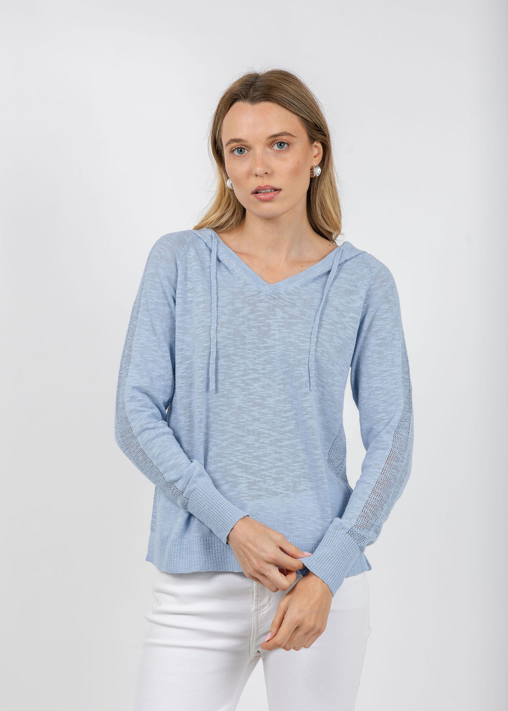 Elliott Lauren Boardwalk Hoodie Sweater With Mesh Detail in Sky available at Barbara Katz