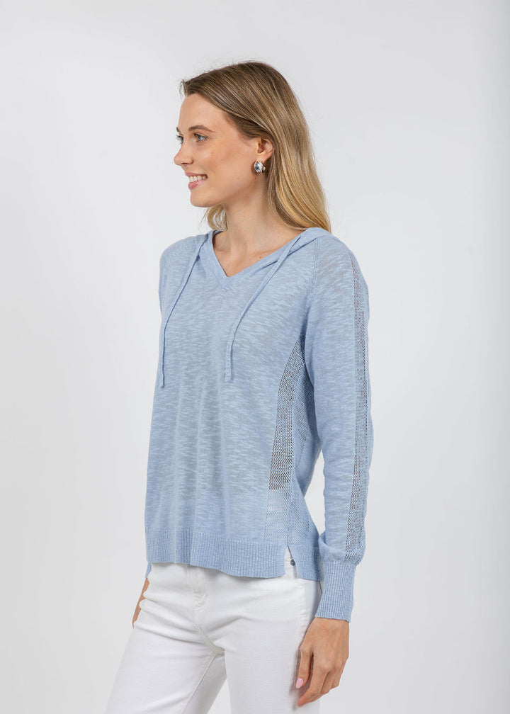 Elliott Lauren Boardwalk Hoodie Sweater With Mesh Detail in Sky available at Barbara Katz