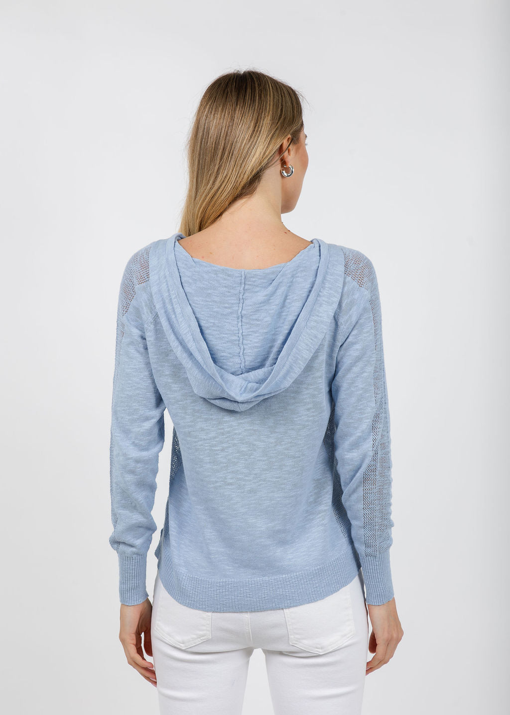 Elliott Lauren Boardwalk Hoodie Sweater With Mesh Detail in Sky available at Barbara Katz