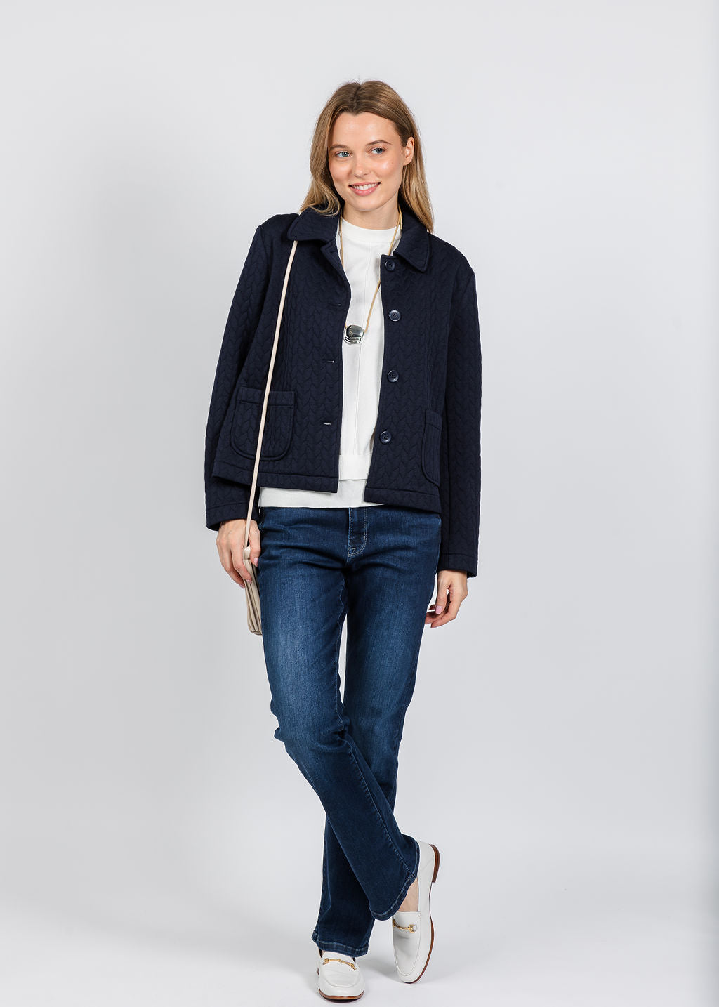 Elliott Lauren Braided Jacket in Navy paired with Elliott Lauren Baby Bootcut Jean in Mid Wash available at Barbara Katz