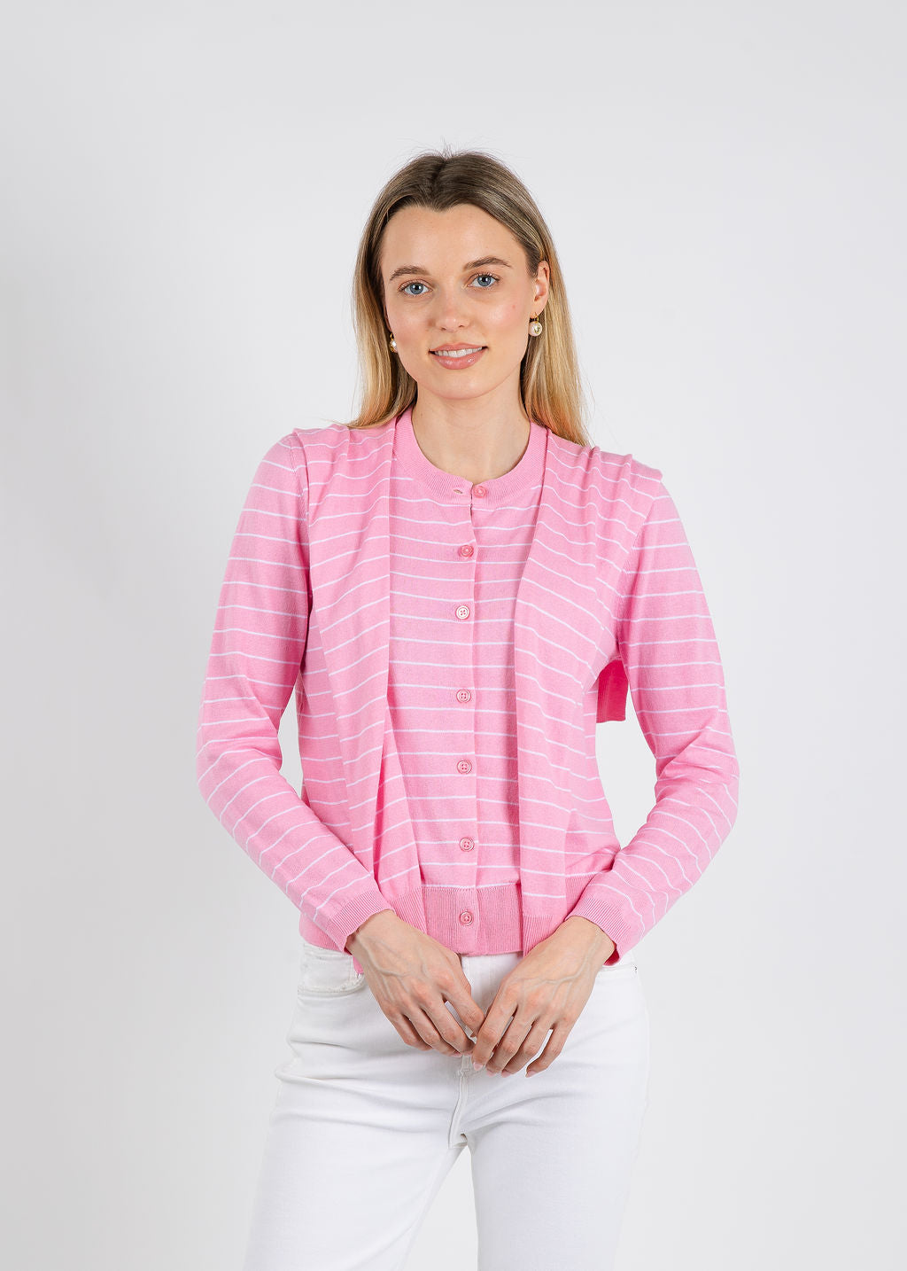 Elliott Lauren Stripe Button Front Cardi With Attached Tie in Pink available at Barbara Katz