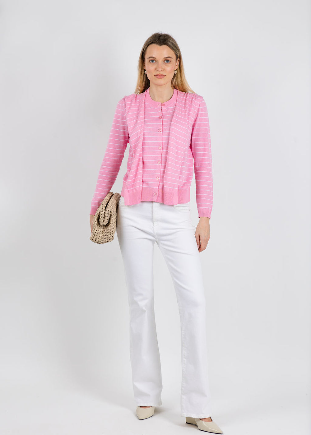 Elliott Lauren Stripe Button Front Cardi With Attached Tie in Pink available at Barbara Katz