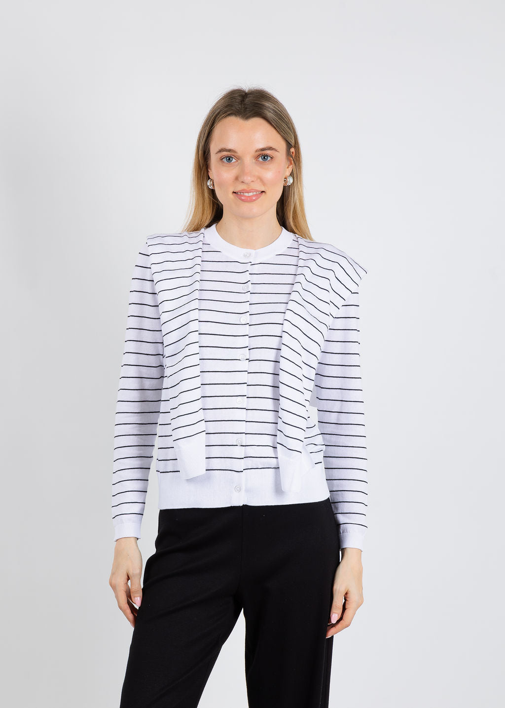 Elliott Lauren Stripe Button Front Cardi With Attached Tie in White available at Barbara Katz