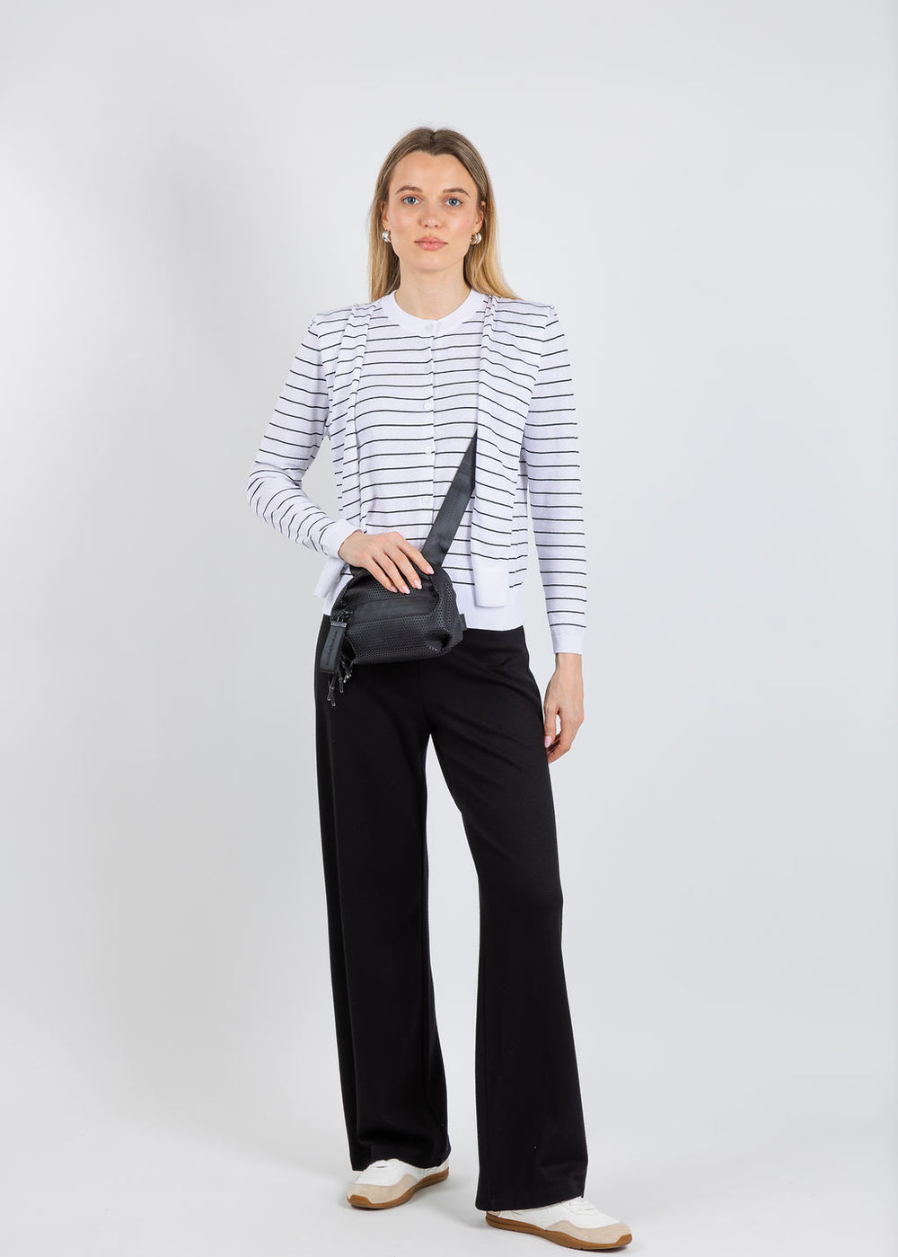 Elliott Lauren Stripe Button Front Cardi With Attached Tie in White available at Barbara Katz
