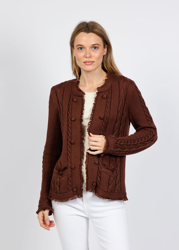 Elliott Lauren Cable Open Stitch Cardigan in Chocolate Brown available at Barbara Katz