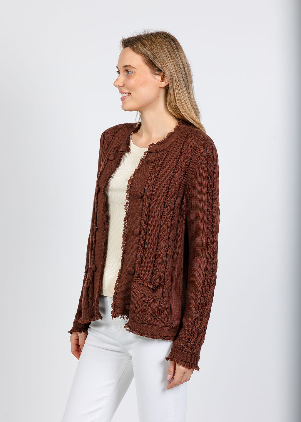 Elliott Lauren Cable Open Stitch Cardigan in Chocolate available at Barbara Katz