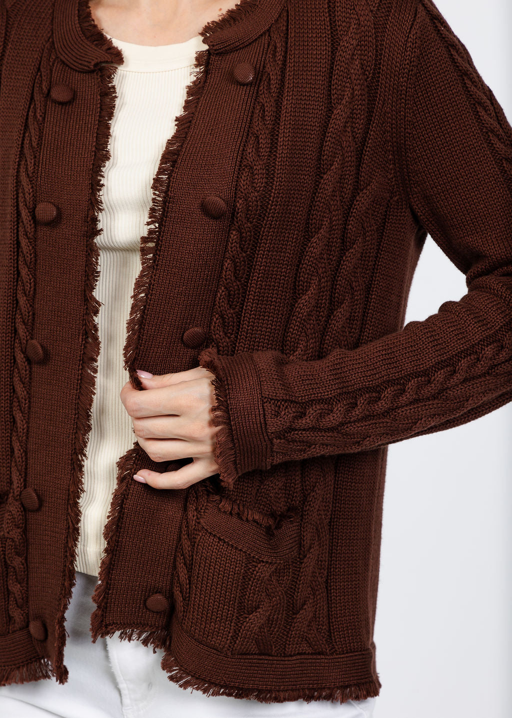 Elliott Lauren Cable Open Stitch Cardigan in Chocolate available at Barbara Katz