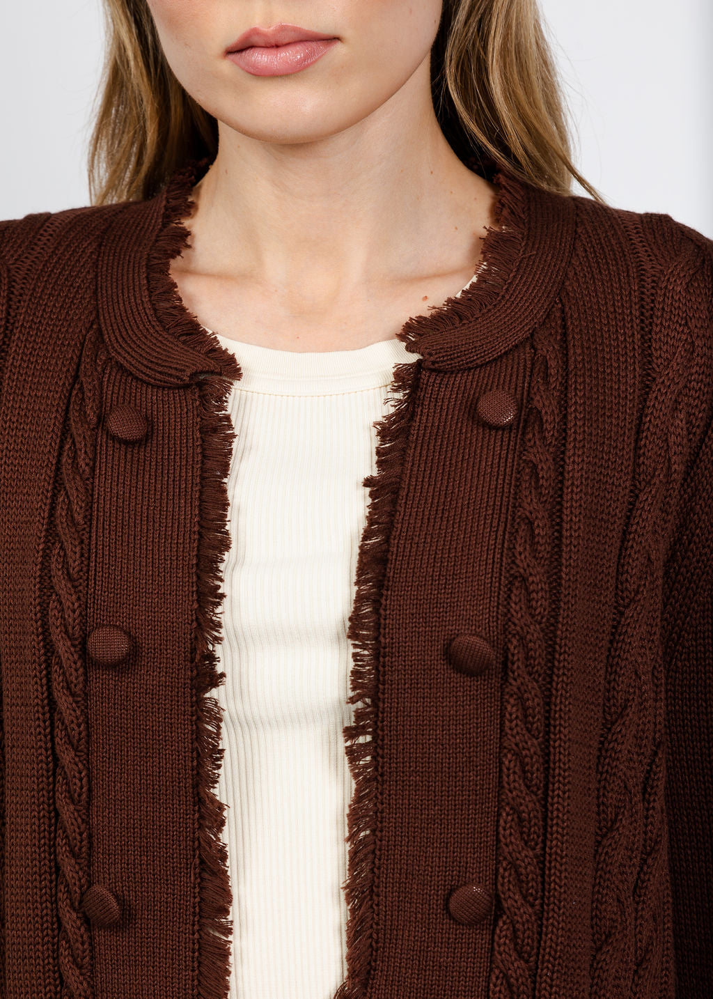 Elliott Lauren Cable Open Stitch Cardigan in Chocolate available at Barbara Katz
