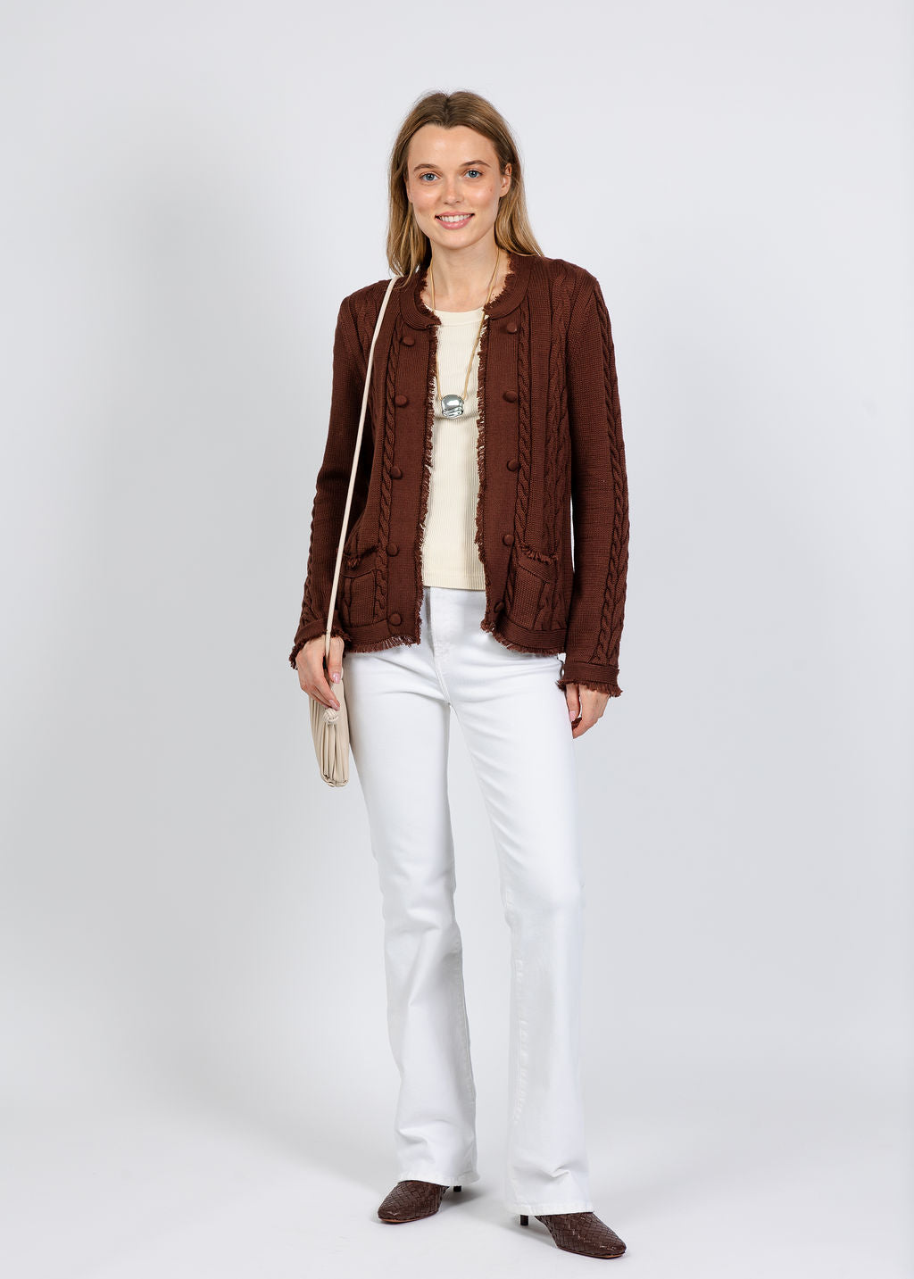 Elliott Lauren Cable Open Stitch Cardigan in Chocolate available at Barbara Katz