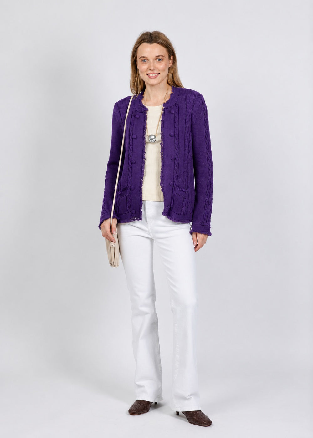 Elliott Lauren Cable Open Stitch Cardigan in Purple available at Barbara Katz