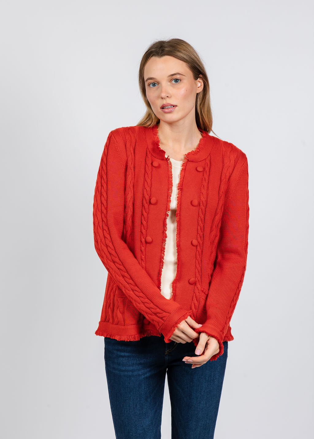 Elliott Lauren Cable Open Stitch Cardigan in Vermilion Red available at Barbara Katz