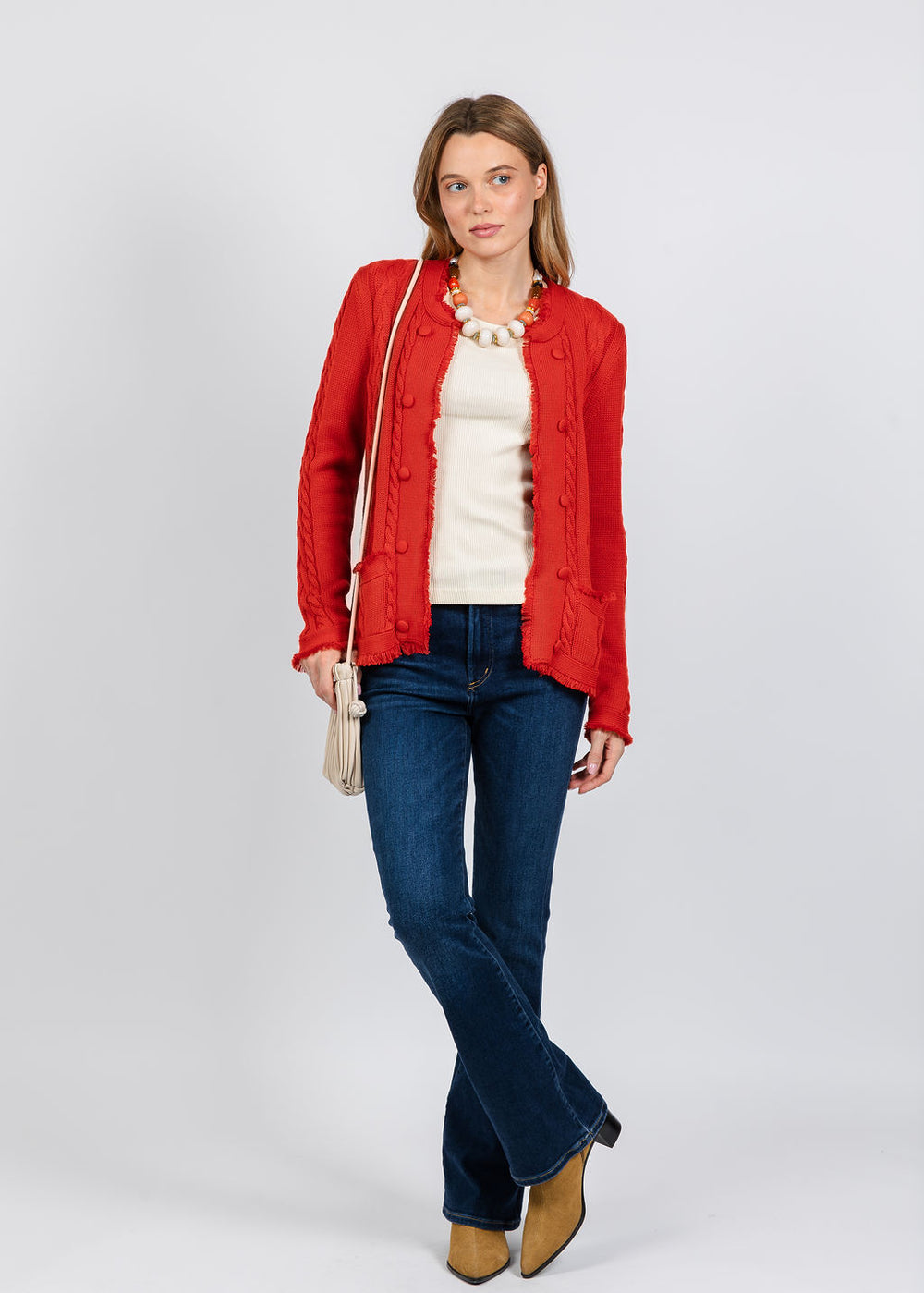 Elliott Lauren Cable Open Stitch Cardigan in Vermilion available at Barbara Katz