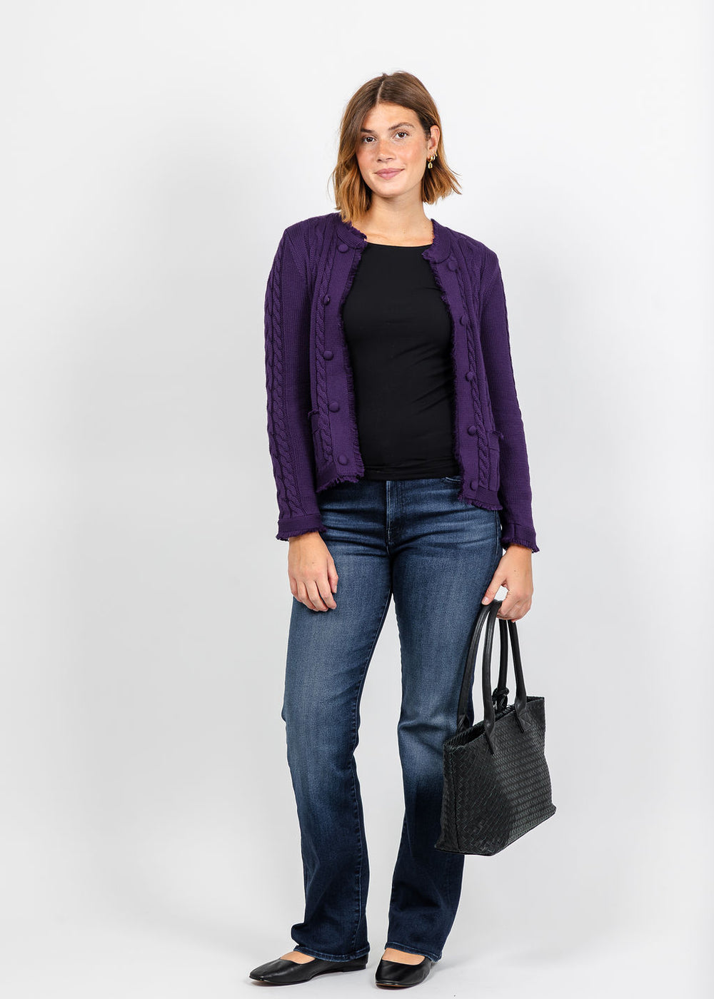 Elliott Lauren Cable Open Stitch Cardigan in Purple available at Barbara Katz