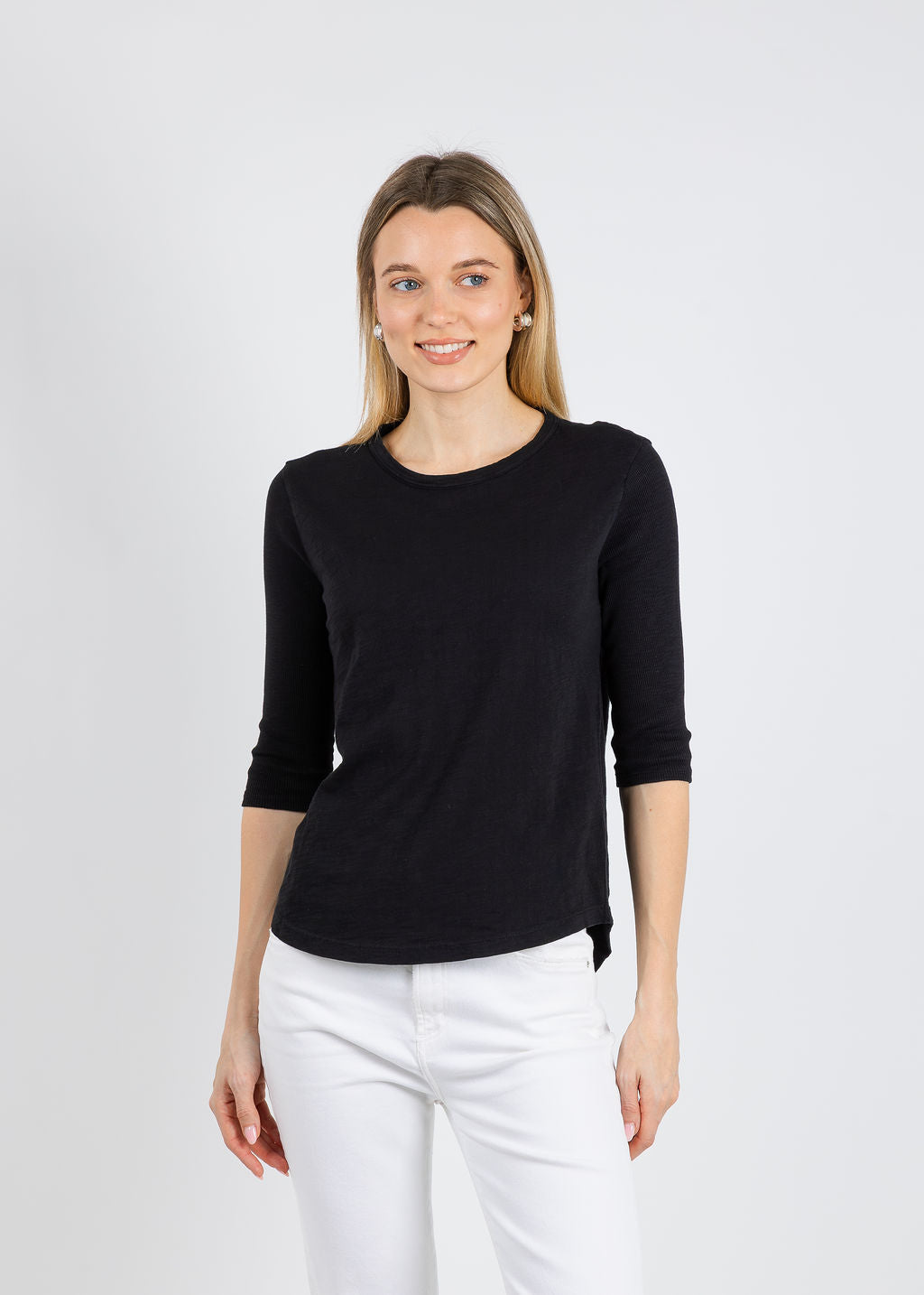 Elliott Lauren Caroline Crew Tee With Rib Sleeve & Gusset in Black available at Barbara Katz