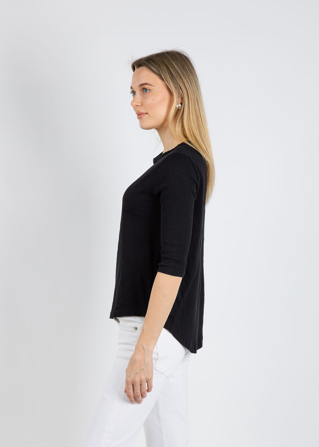Elliott Lauren Caroline Crew Tee With Rib Sleeve & Gusset in Black available at Barbara Katz