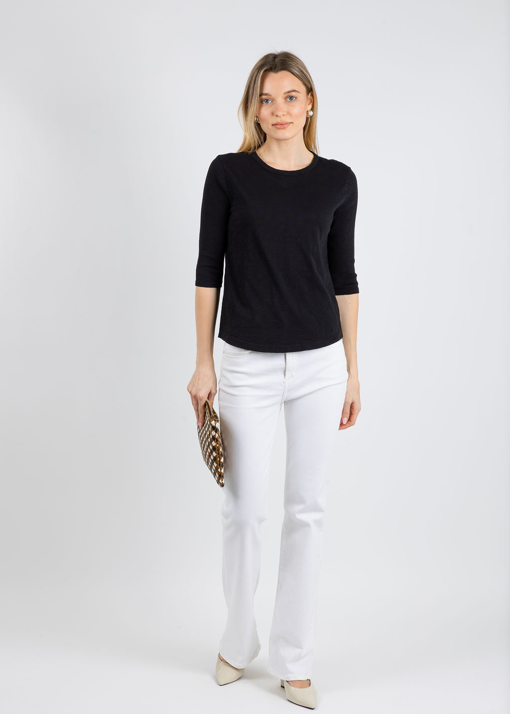 Elliott Lauren Caroline Crew Tee With Rib Sleeve & Gusset in Black available at Barbara Katz