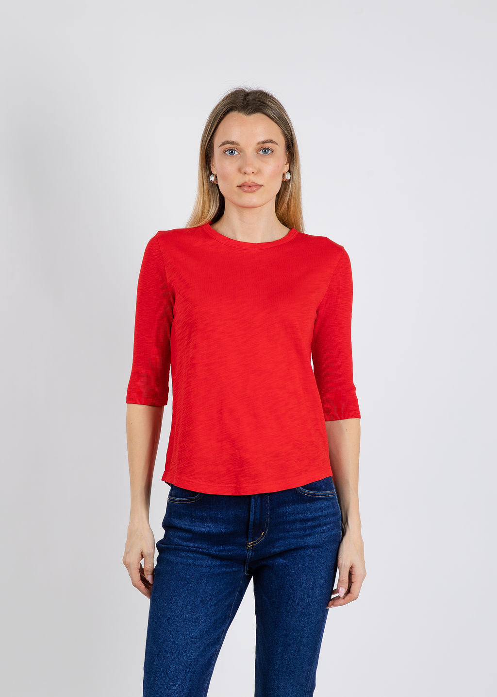 Elliott Lauren Caroline Crew Tee With Rib Sleeve & Gusset in Cherry available at Barbara Katz