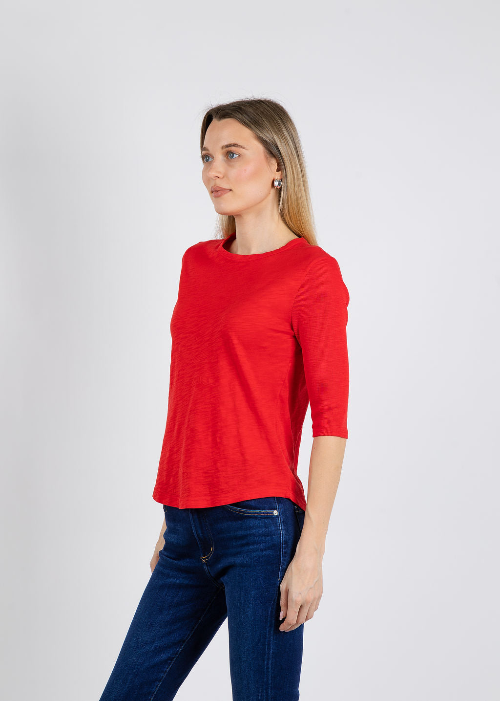 Elliott Lauren Caroline Crew Tee With Rib Sleeve & Gusset in Cherry available at Barbara Katz