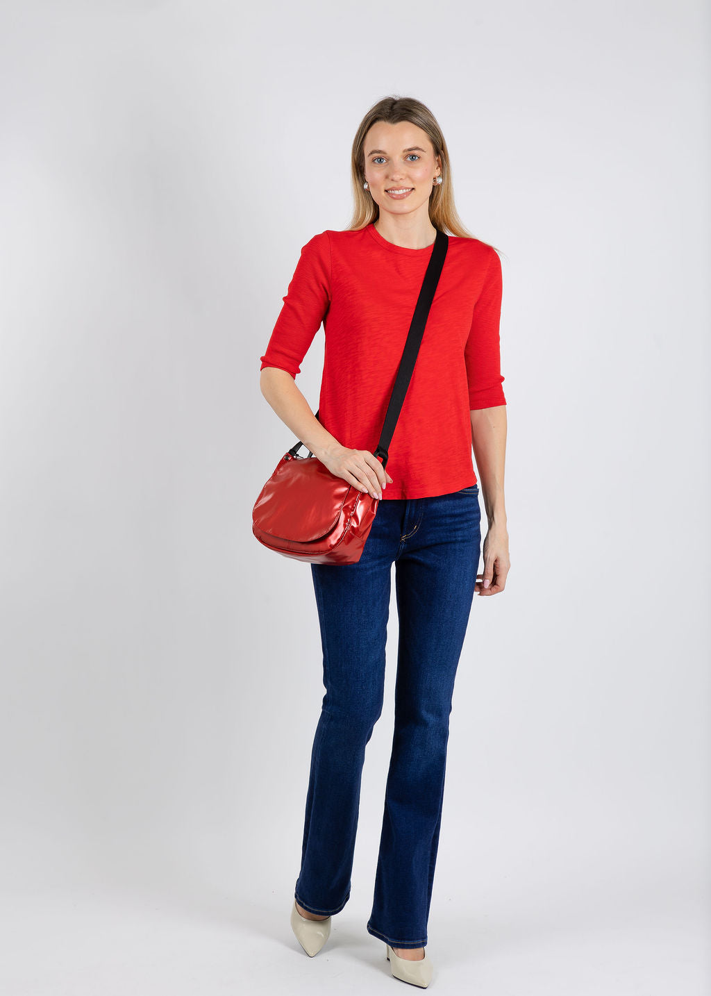 Elliott Lauren Caroline Crew Tee With Rib Sleeve & Gusset in Cherry available at Barbara Katz