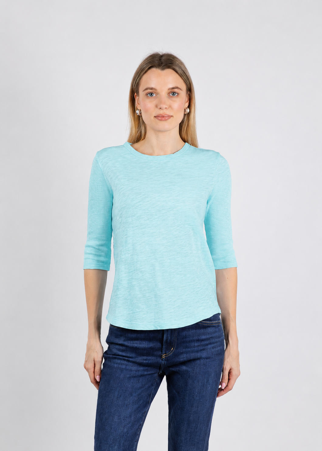 Elliott Lauren Caroline Crew Tee With Rib Sleeve & Gusset in Island available at Barbara Katz