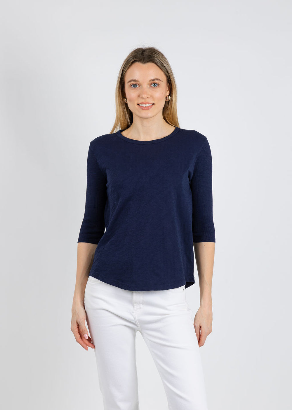 Elliott Lauren Caroline Crew Tee With Rib Sleeve & Gusset in Navy available at Barbara Katz