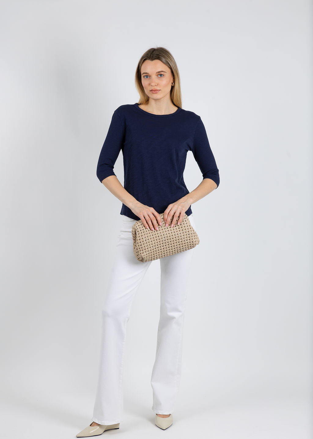 Elliott Lauren Caroline Crew Tee With Rib Sleeve & Gusset in Navy available at Barbara Katz