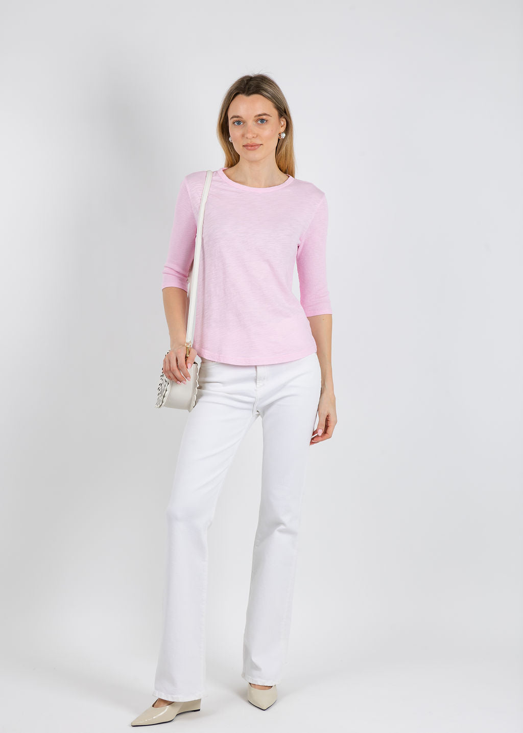 Elliott Lauren Caroline Crew Tee With Rib Sleeve & Gusset in Petal available at Barbara Katz