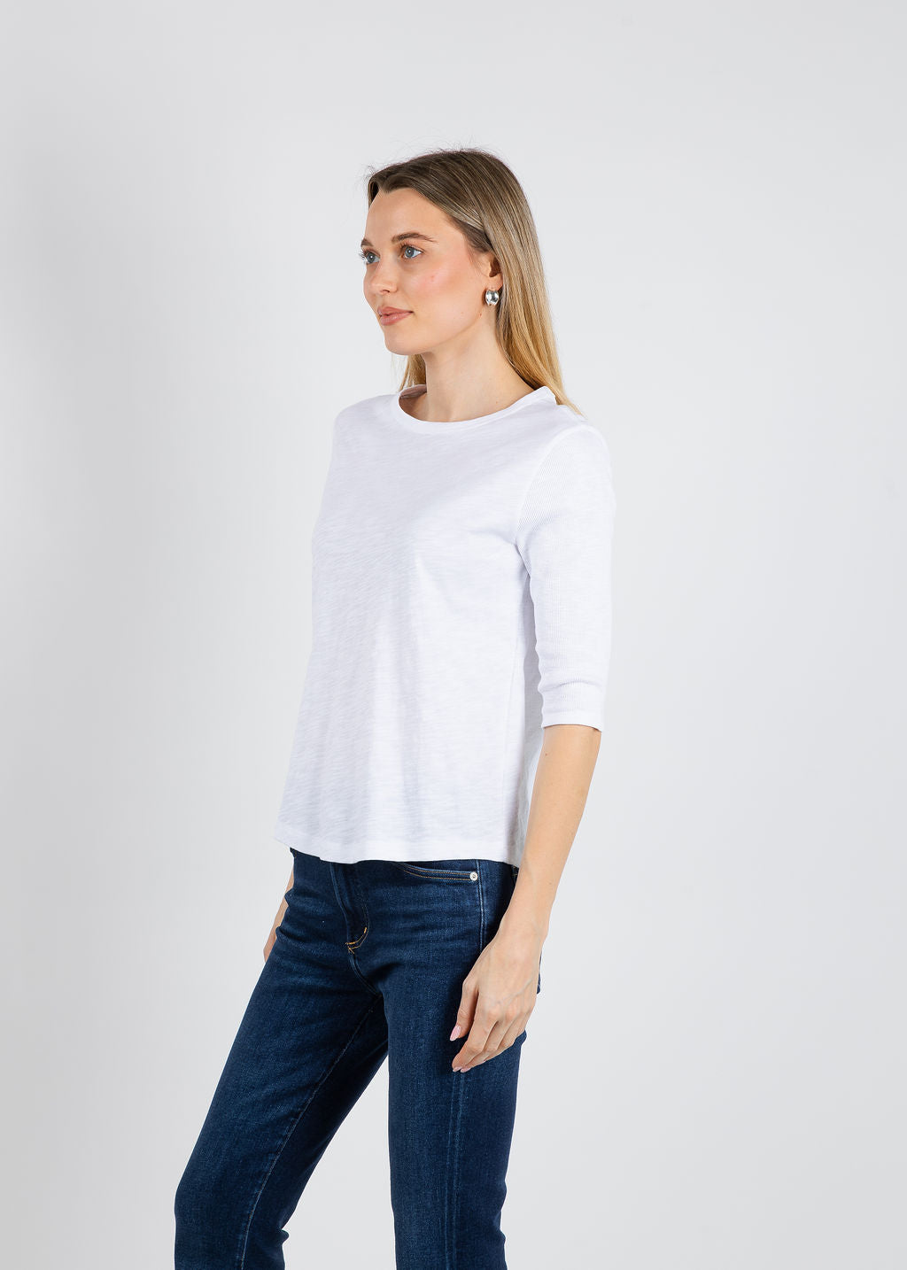 Elliott Lauren Caroline Crew Tee With Rib Sleeve & Gusset in White available at Barbara Katz
