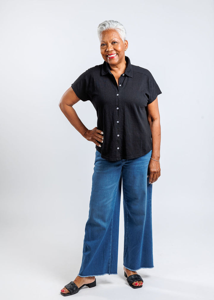 Elliott Lauren Charlotte Button Front Tee With Collar in Black paired with MAC Dream Wide Crop Jeans in Denim available at Barbara Katz