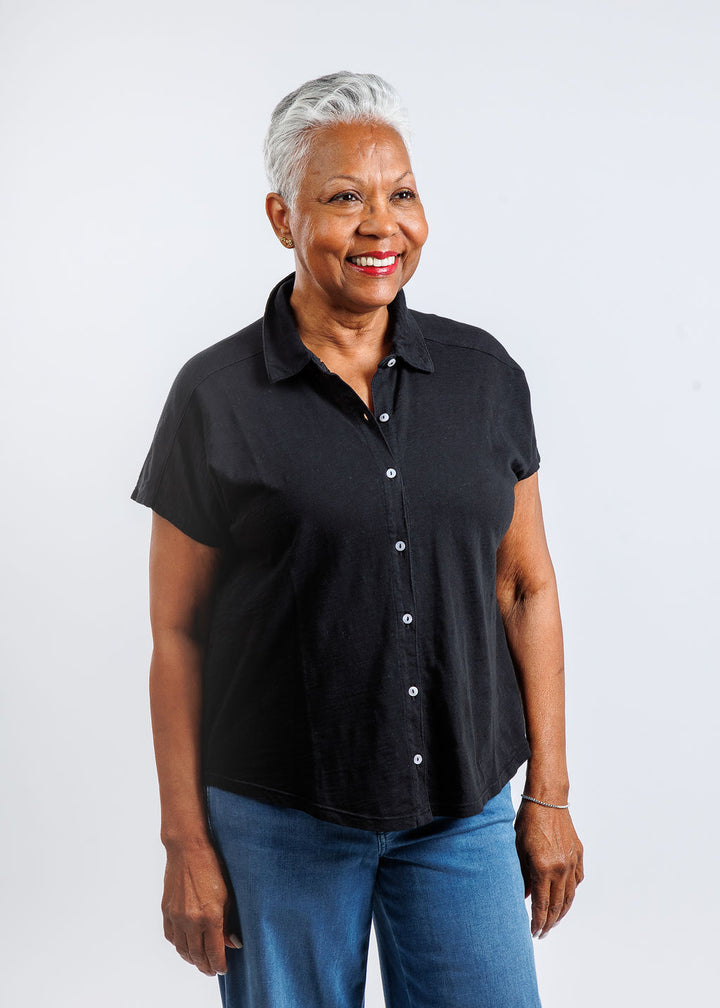 Elliott Lauren Charlotte Button Front Tee With Collar in Black available at Barbara Katz