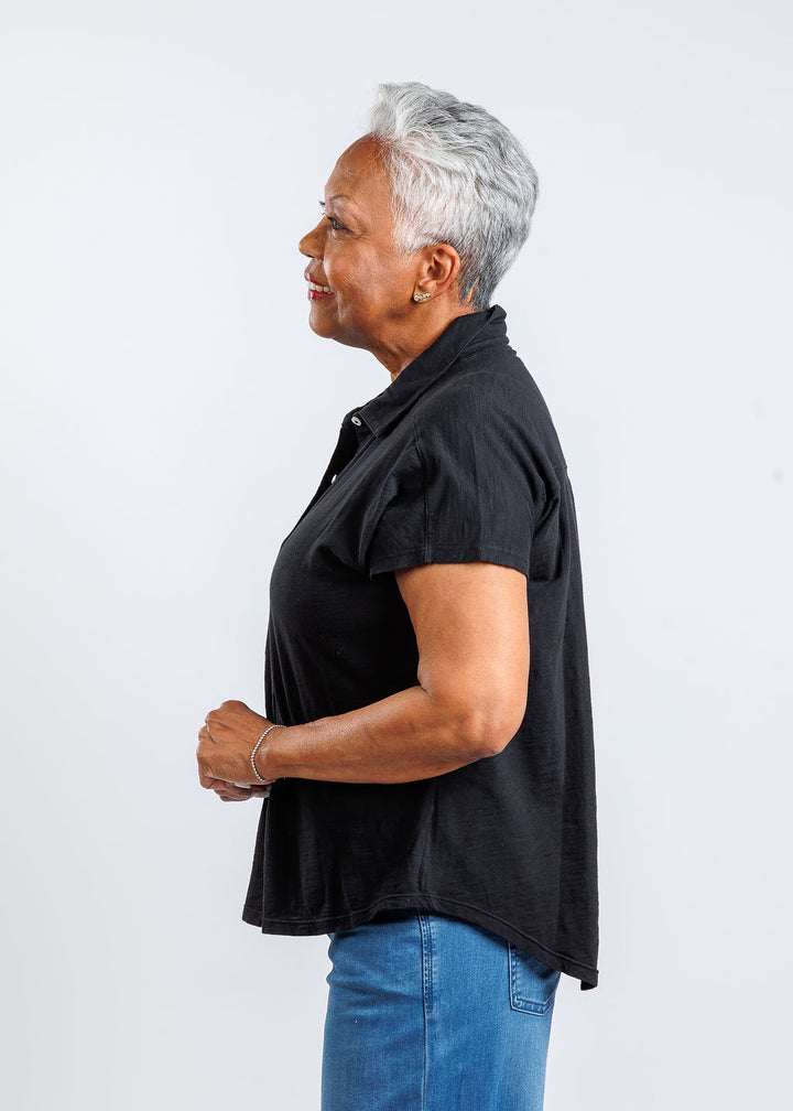 Elliott Lauren Charlotte Button Front Tee With Collar in Black available at Barbara Katz