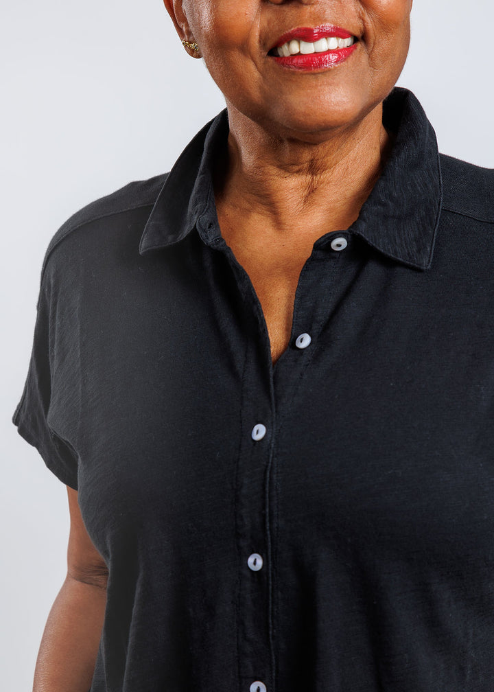 Elliott Lauren Charlotte Button Front Tee With Collar in Black available at Barbara Katz