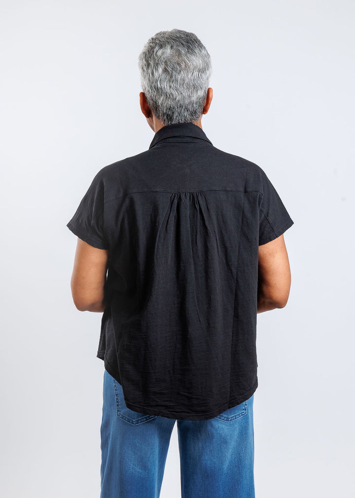 Elliott Lauren Charlotte Button Front Tee With Collar in Black available at Barbara Katz